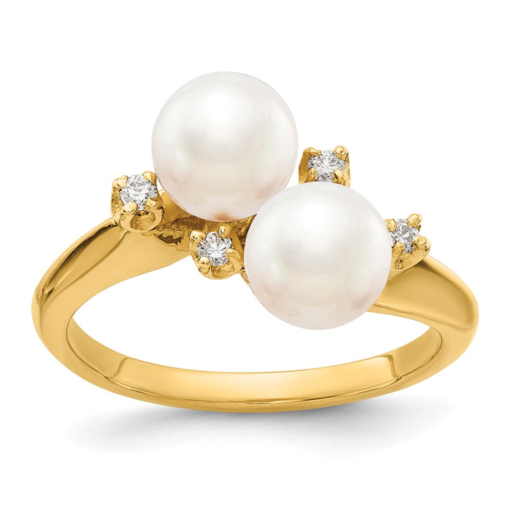 14k 6mm White Freshwater Cultured Two-Pearl and 1/20 carat AA Diamond Ring