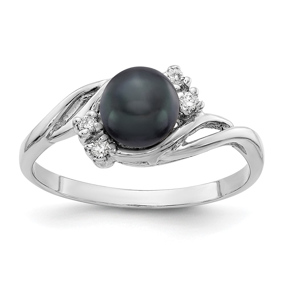 14k White Gold 6mm Black Freshwater Cultured Pearl and 1/20 carat AAA Diamond Ring