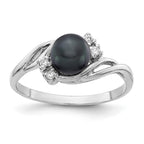 14k White Gold 6mm Black Freshwater Cultured Pearl and 1/20 carat AAA Diamond Ring