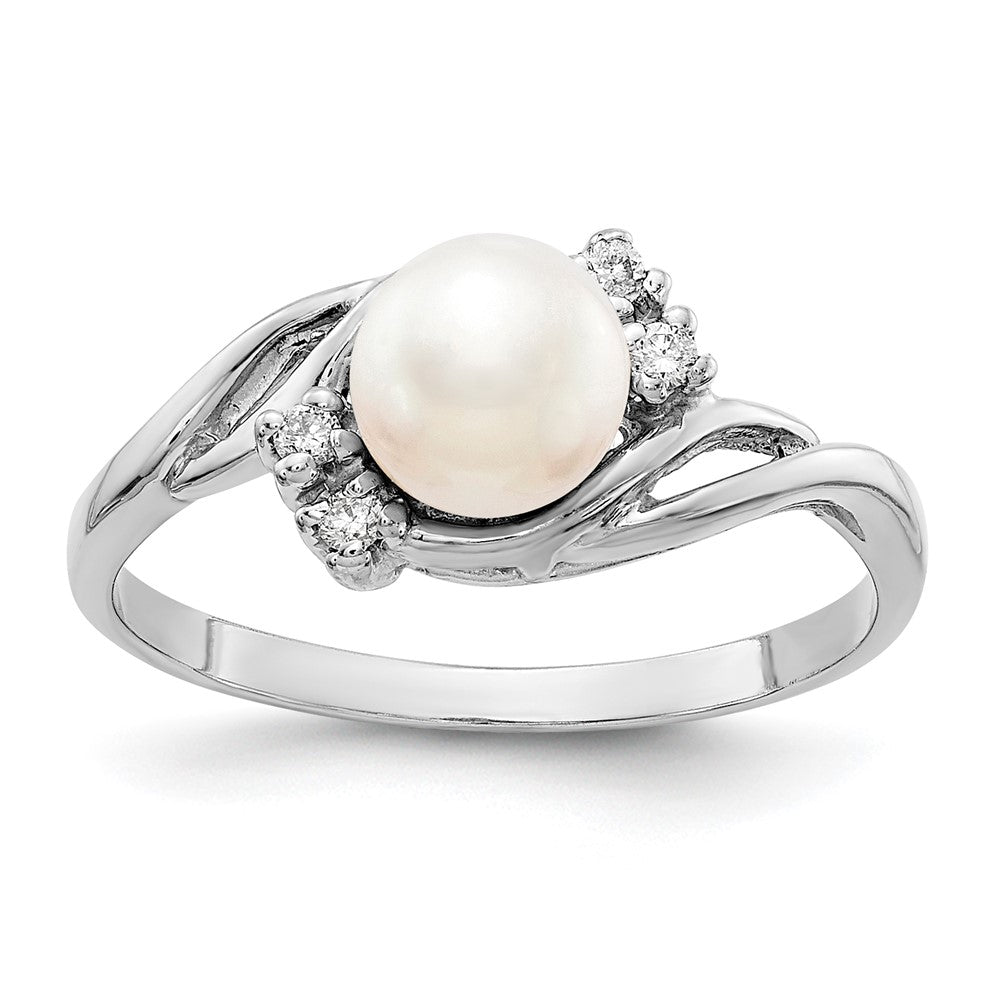 14k White Gold 6mm White Freshwater Cultured Pearl and 1/20 carat AA Diamond Ring