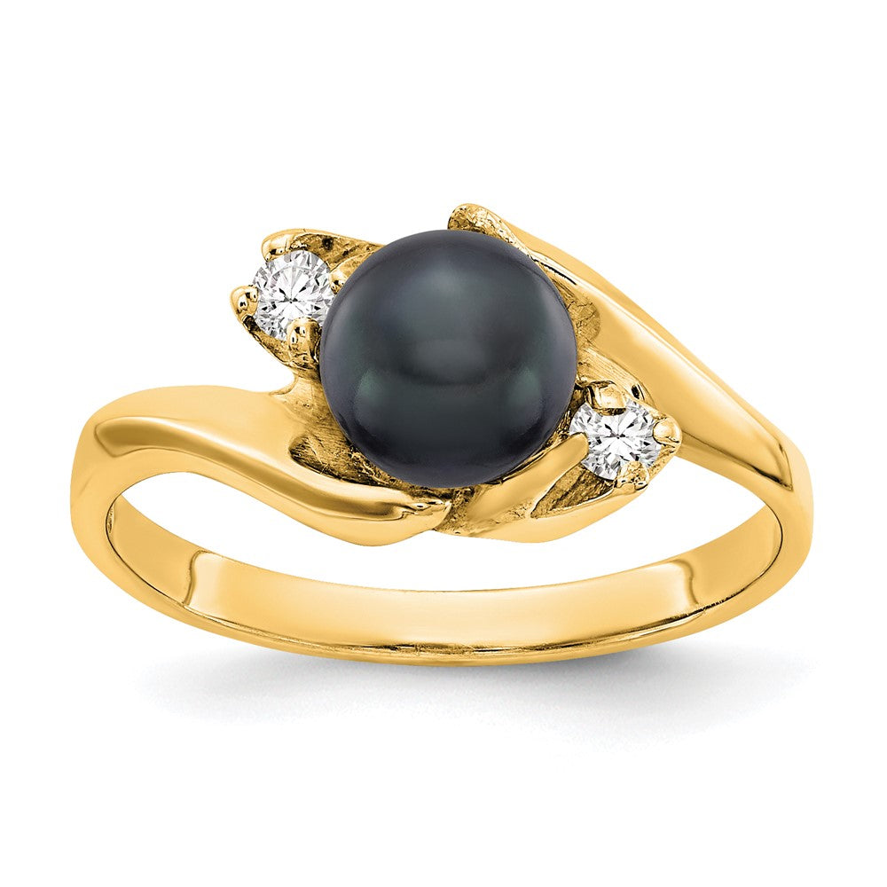 14k 6mm Black Freshwater Cultured Pearl and 1/15 carat A Diamond Ring