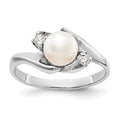 14k White Gold 6mm White Freshwater Cultured Pearl and 1/15 carat AA Diamond Ring
