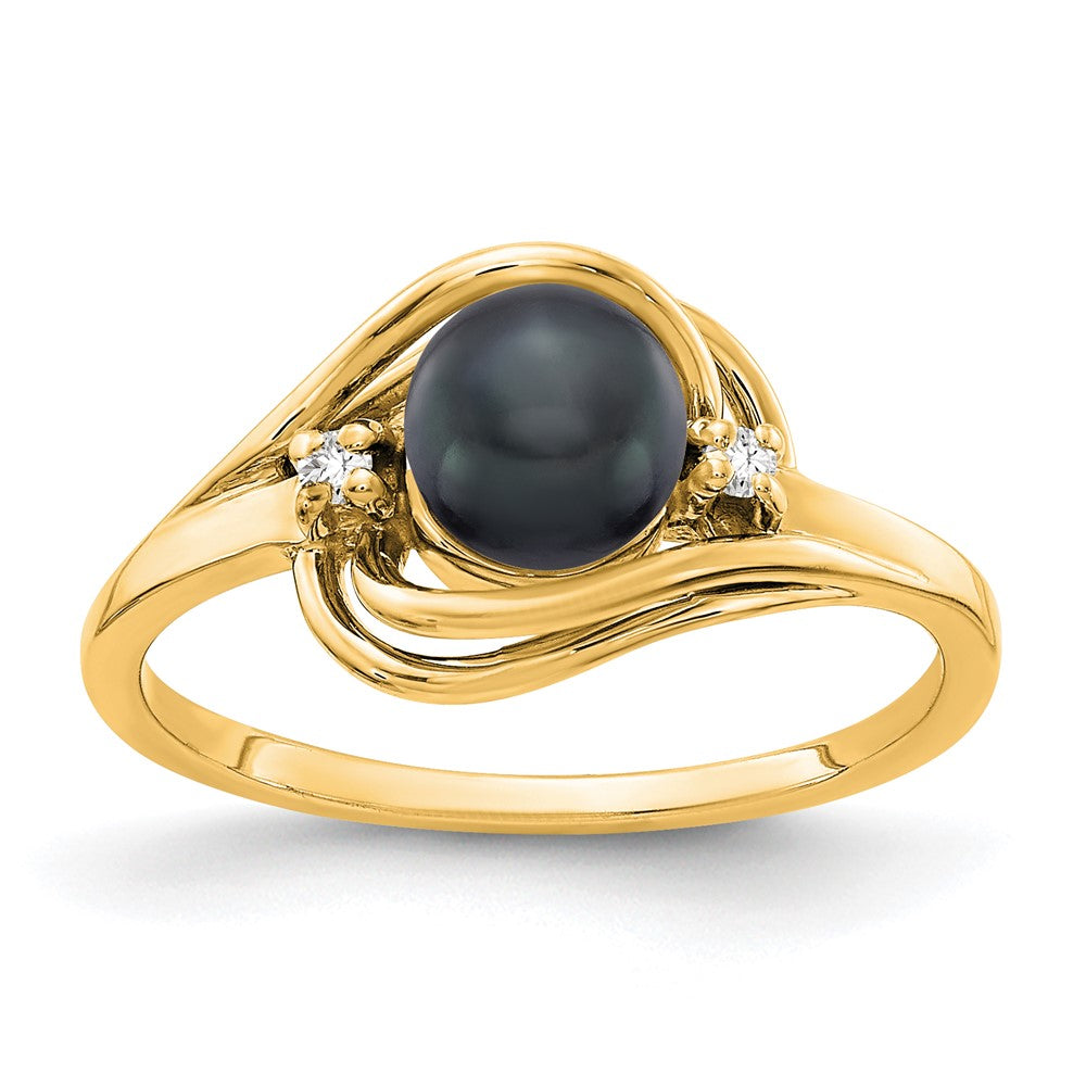14k 5.5mm Black Freshwater Cultured Pearl and VS Diamond Ring
