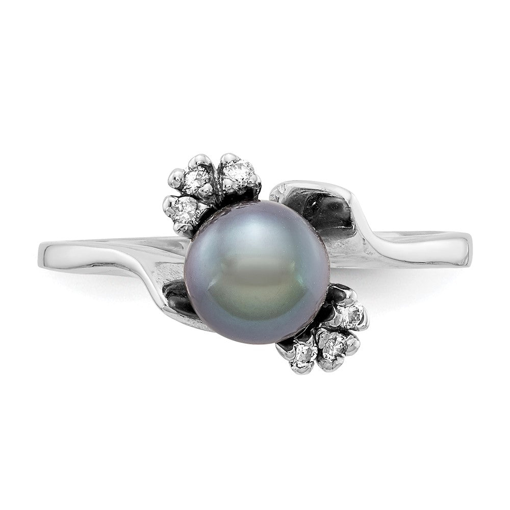 14k White Gold 6mm Black Freshwater Cultured Pearl and 1/15 carat AA Diamond Ring