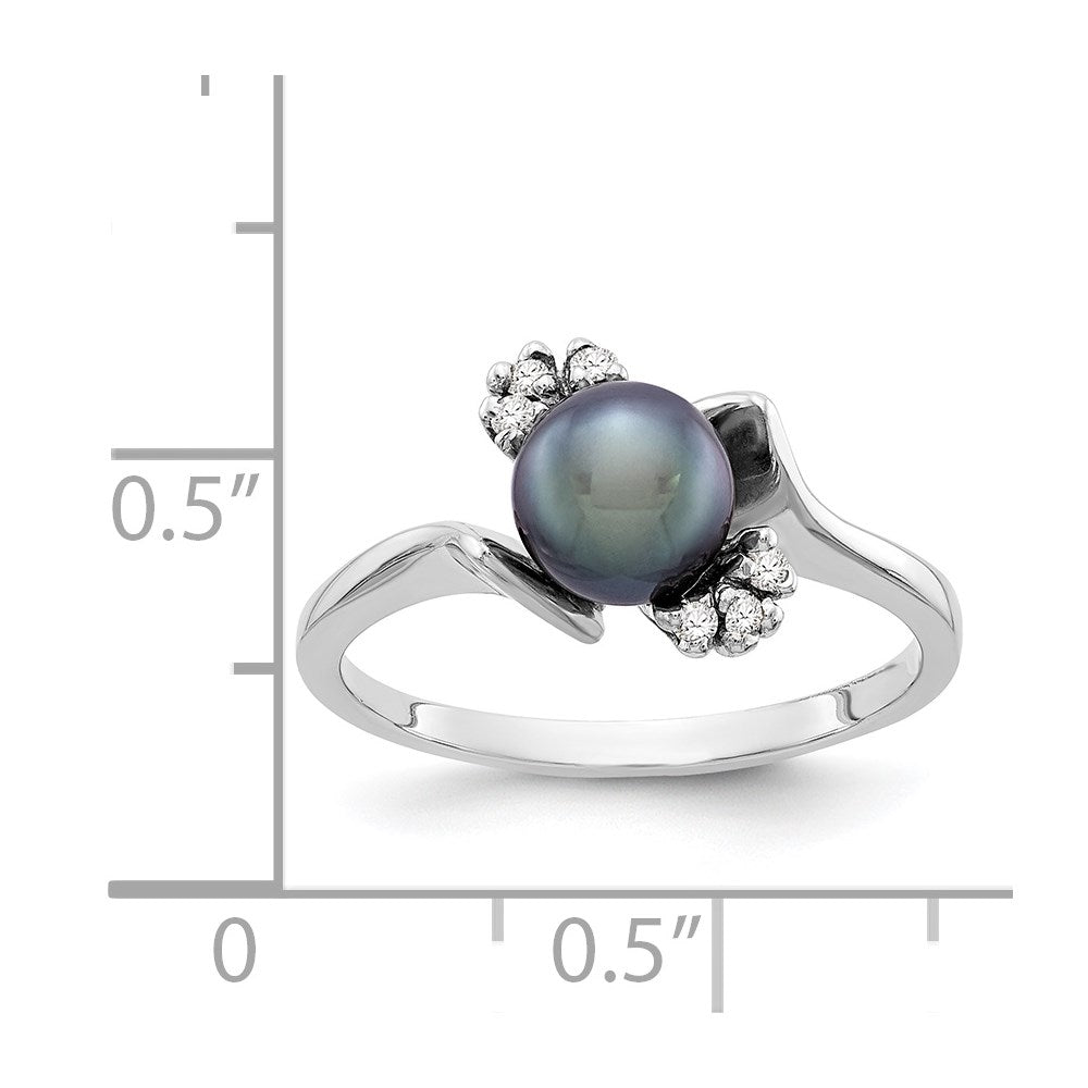 14k White Gold 6mm Black Freshwater Cultured Pearl and 1/15 carat AAA Diamond Ring