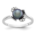 14k White Gold 6mm Black Freshwater Cultured Pearl and 1/15 carat AAA Diamond Ring