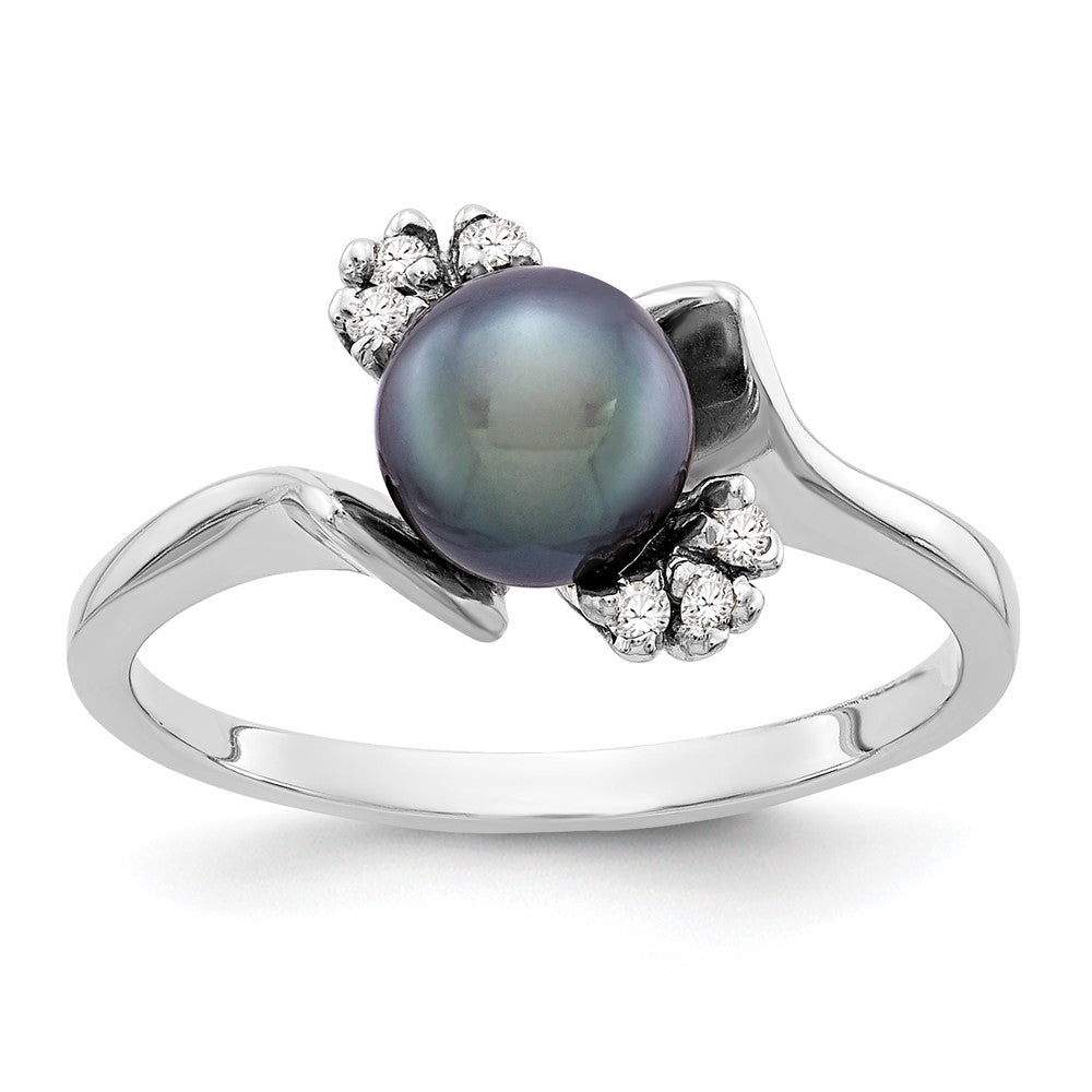 14k White Gold 6mm Black Freshwater Cultured Pearl and 1/15 carat VS Diamond Ring