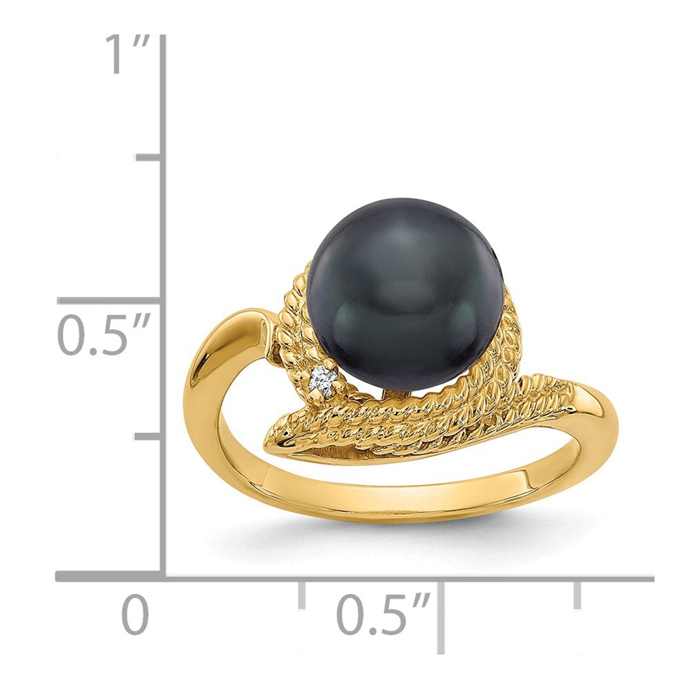 14k 8.5mm Black Freshwater Cultured Pearl and AAA Diamond Ring