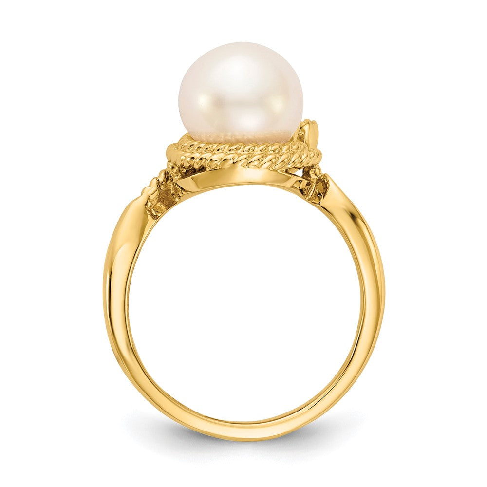 14k 8.5mm White Freshwater Cultured Pearl and AAA Diamond Ring