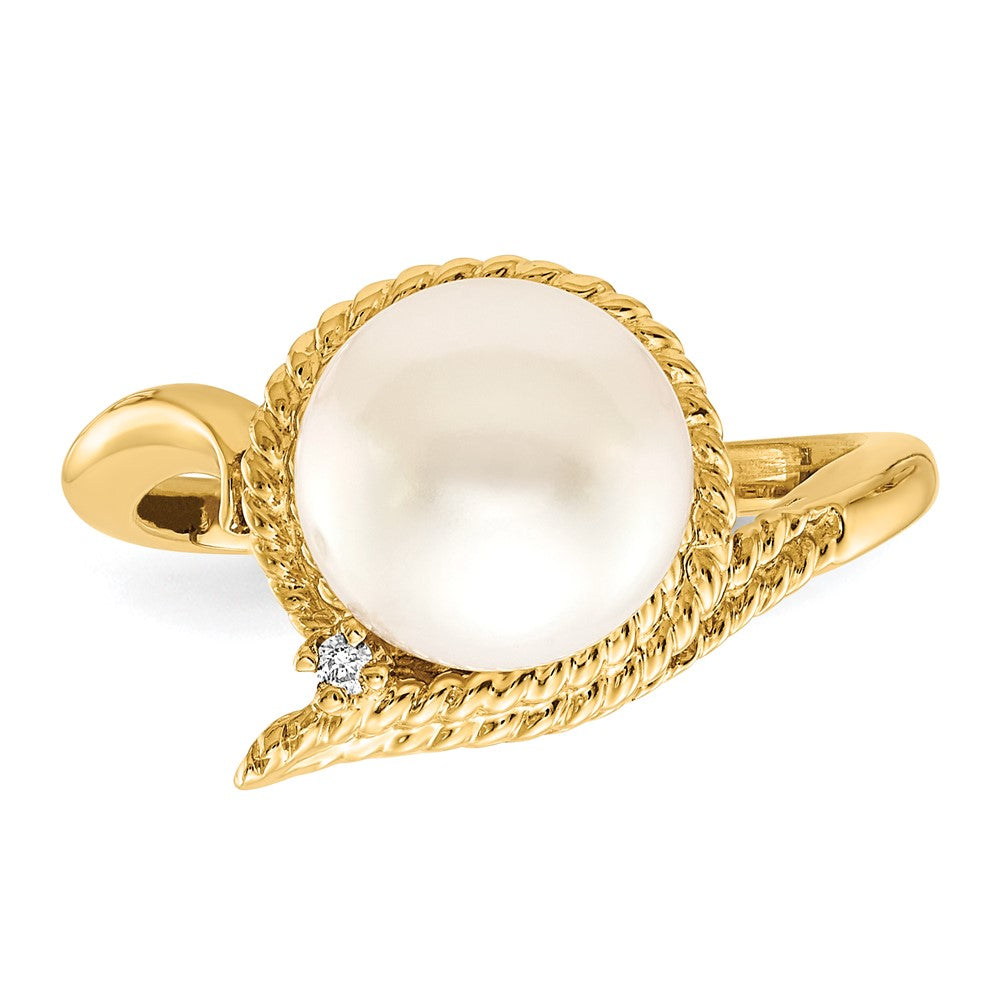 14k 8.5mm White Freshwater Cultured Pearl and VS Diamond Ring