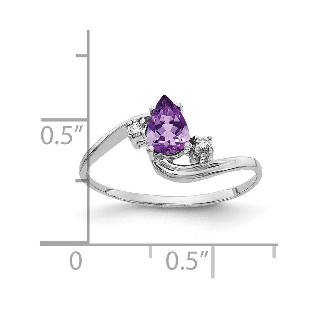 14k White Gold 6x4mm Pear Amethyst and AA Diamond Bypass Ring