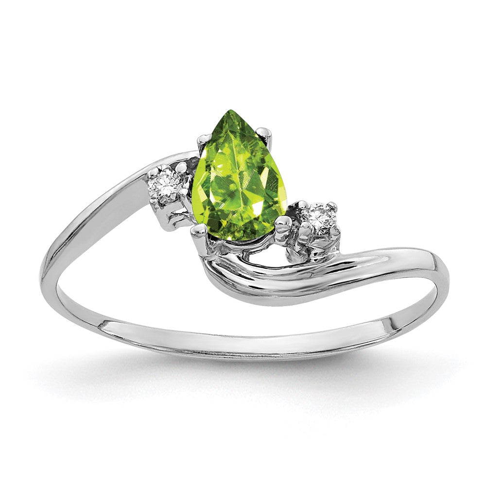 14k White Gold 6x4mm Pear Peridot and AAA Diamond Bypass Ring