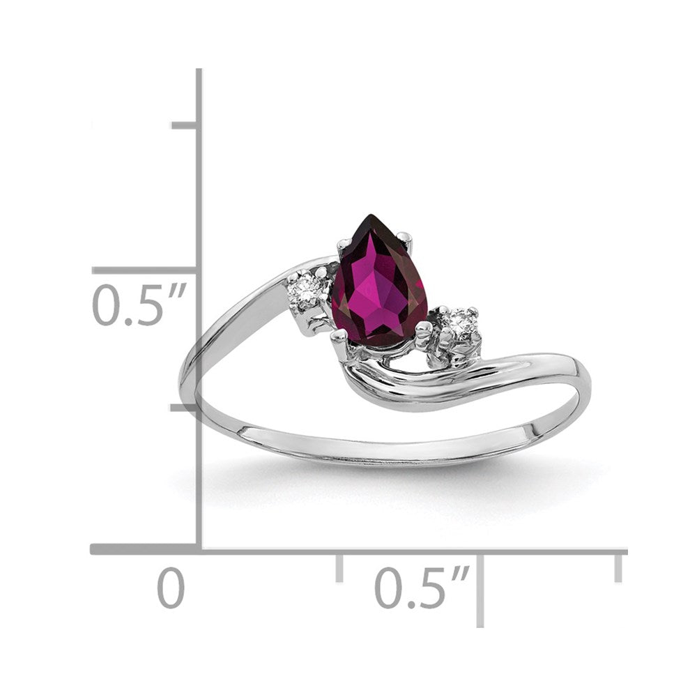 14k White Gold 6x4mm Pear Rhodolite Garnet and AA Diamond Bypass Ring