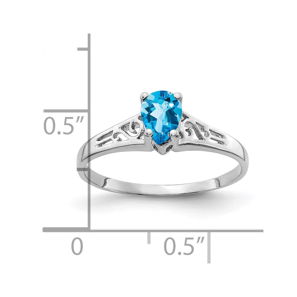 14k White Gold 6x4mm Pear Blue Topaz Filigree Ring