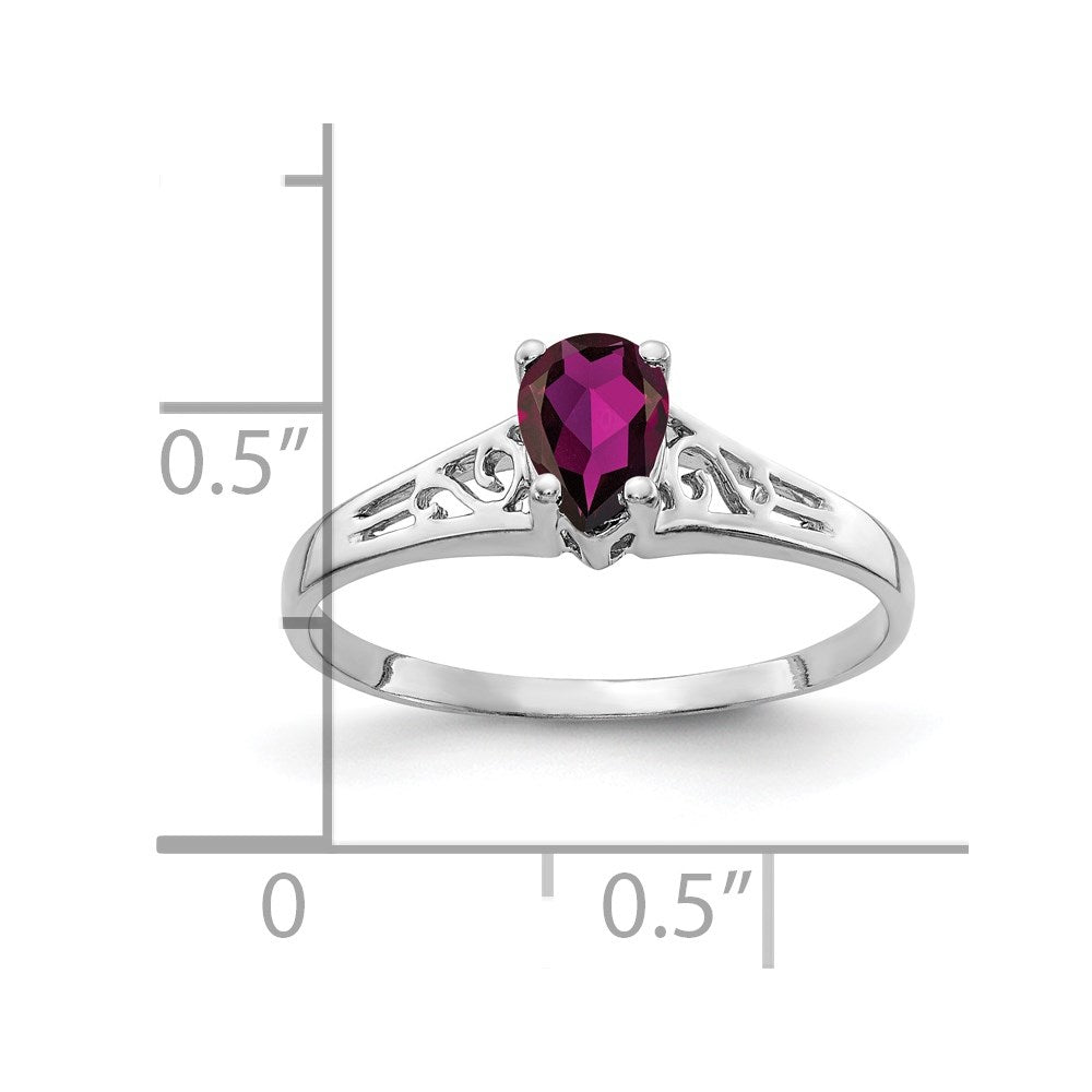 14k White Gold 6x4mm Pear Rhodolite Garnet Filigree Ring