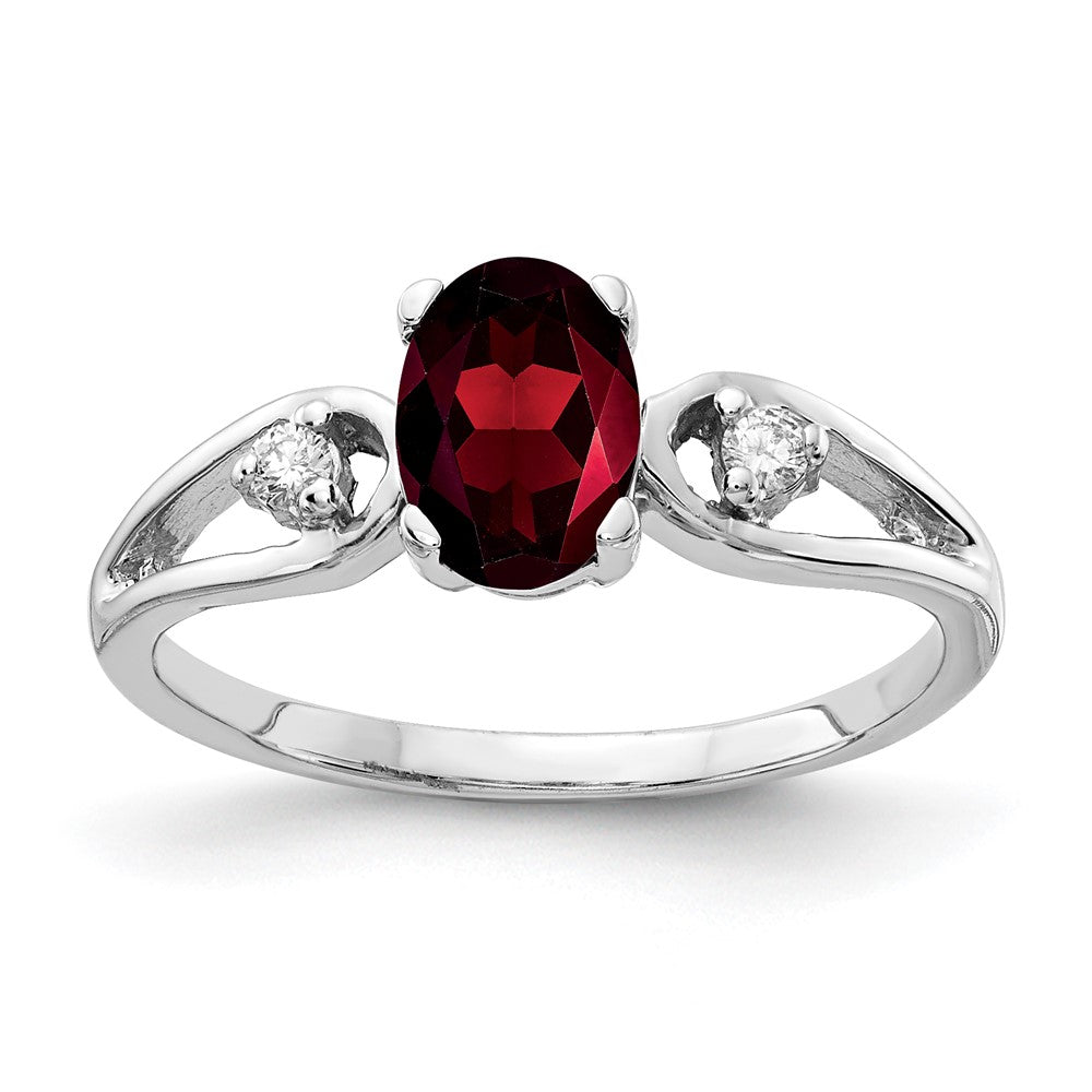 14k White Gold 7x5mm Oval Garnet and 1/20 carat AA Diamond Ring