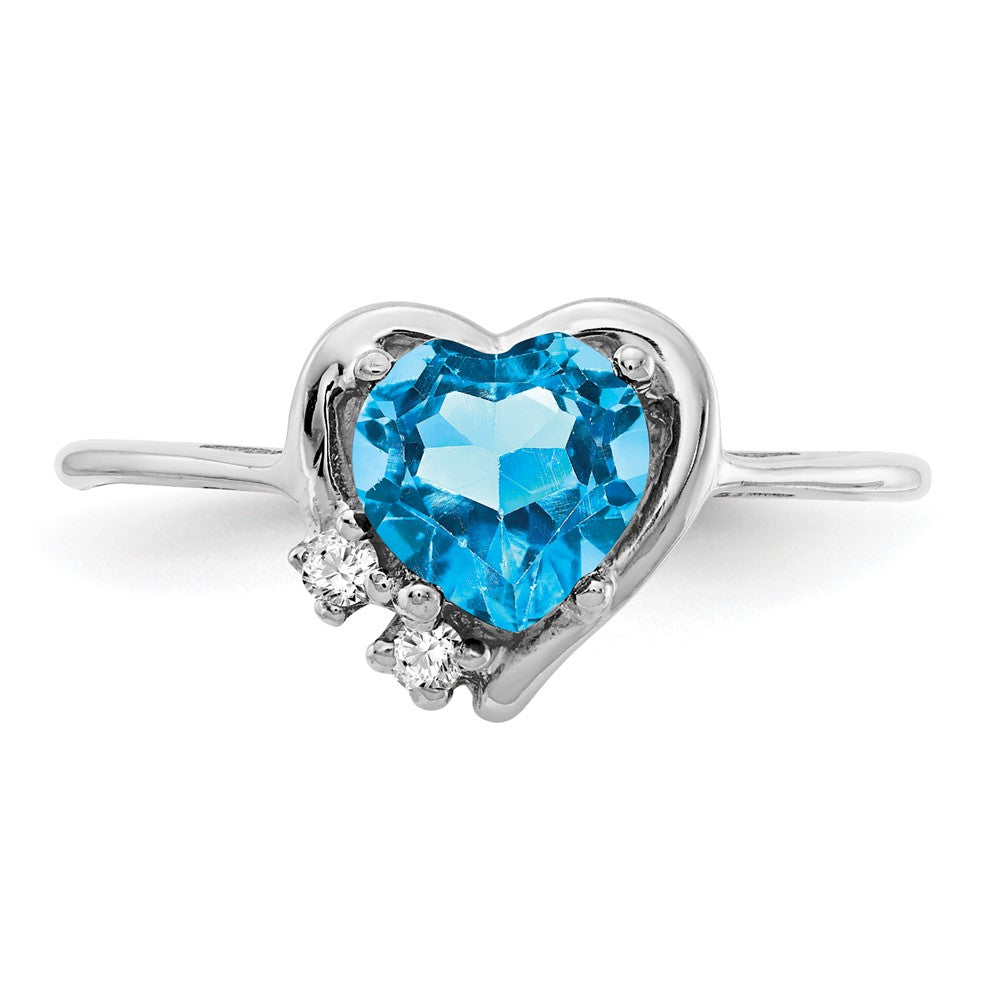 14k White Gold 6mm Heart Blue Topaz and AAA Diamond Ring