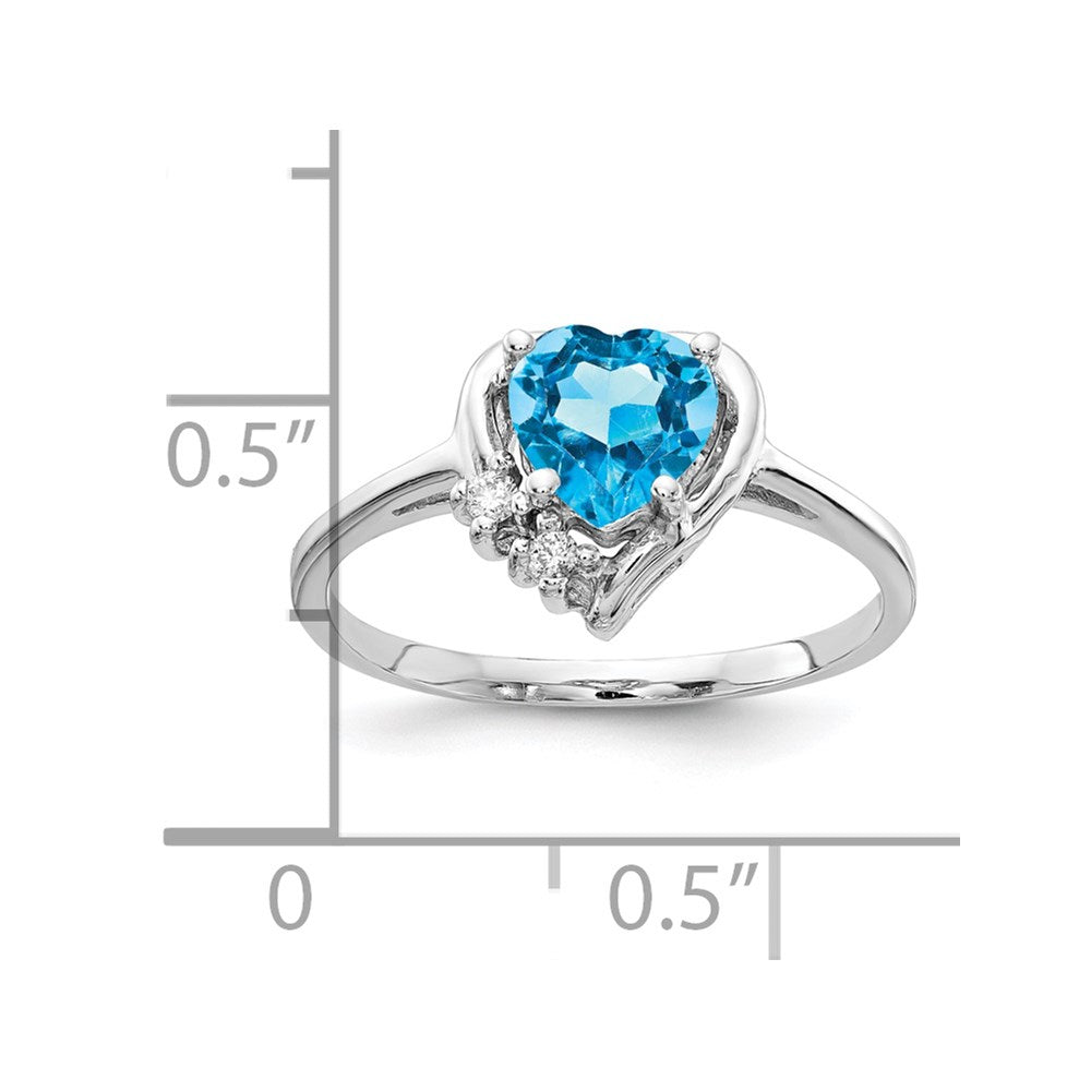 14k White Gold 6mm Heart Blue Topaz and AA Diamond Ring