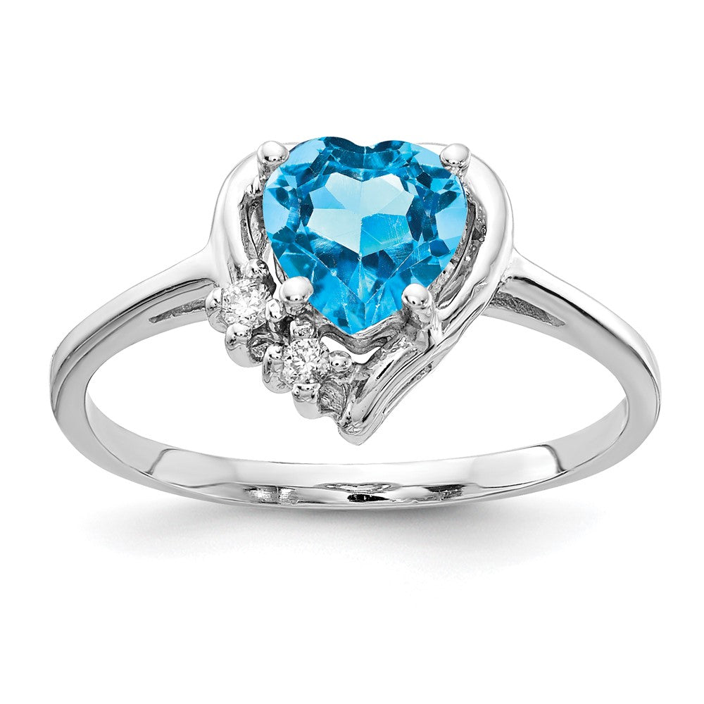 14k White Gold 6mm Heart Blue Topaz and AAA Diamond Ring