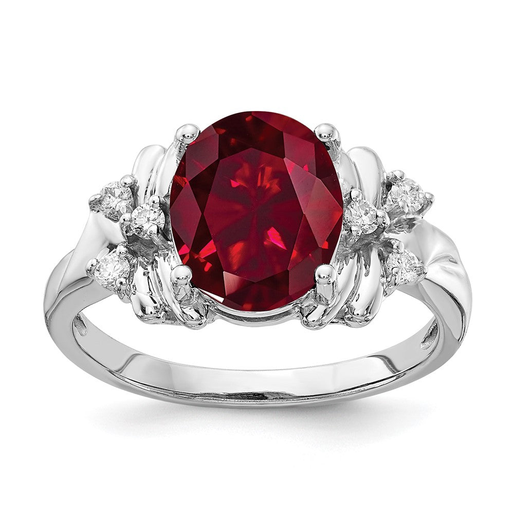 14k White Gold 10x8mm Oval Lab-Created Ruby and 1/10 carat A Diamond Ring