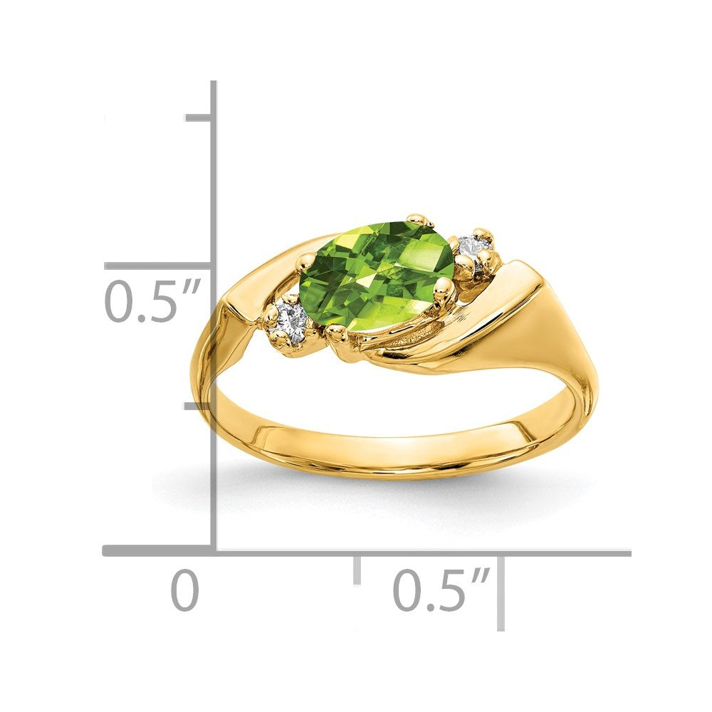 14k 7x5mm Oval Peridot Checker-cut and 1/20 carat A Diamond Ring