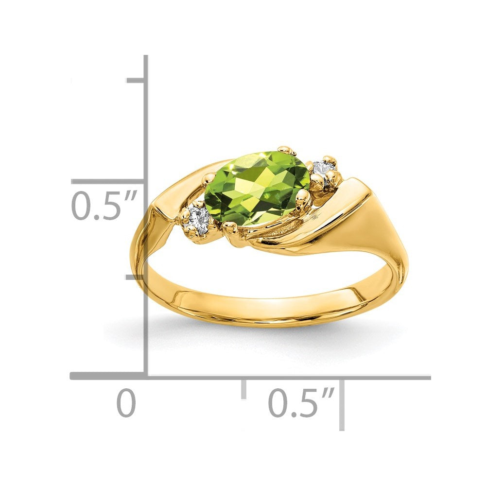 14k 7x5mm Oval Peridot Checker-cut and 1/20 carat AAA Diamond Ring