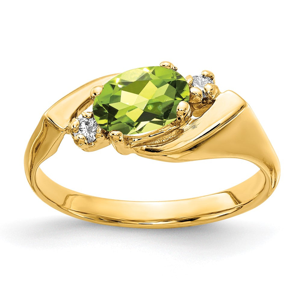 14k 7x5mm Oval Peridot Checker-cut and 1/20 carat AAA Diamond Ring