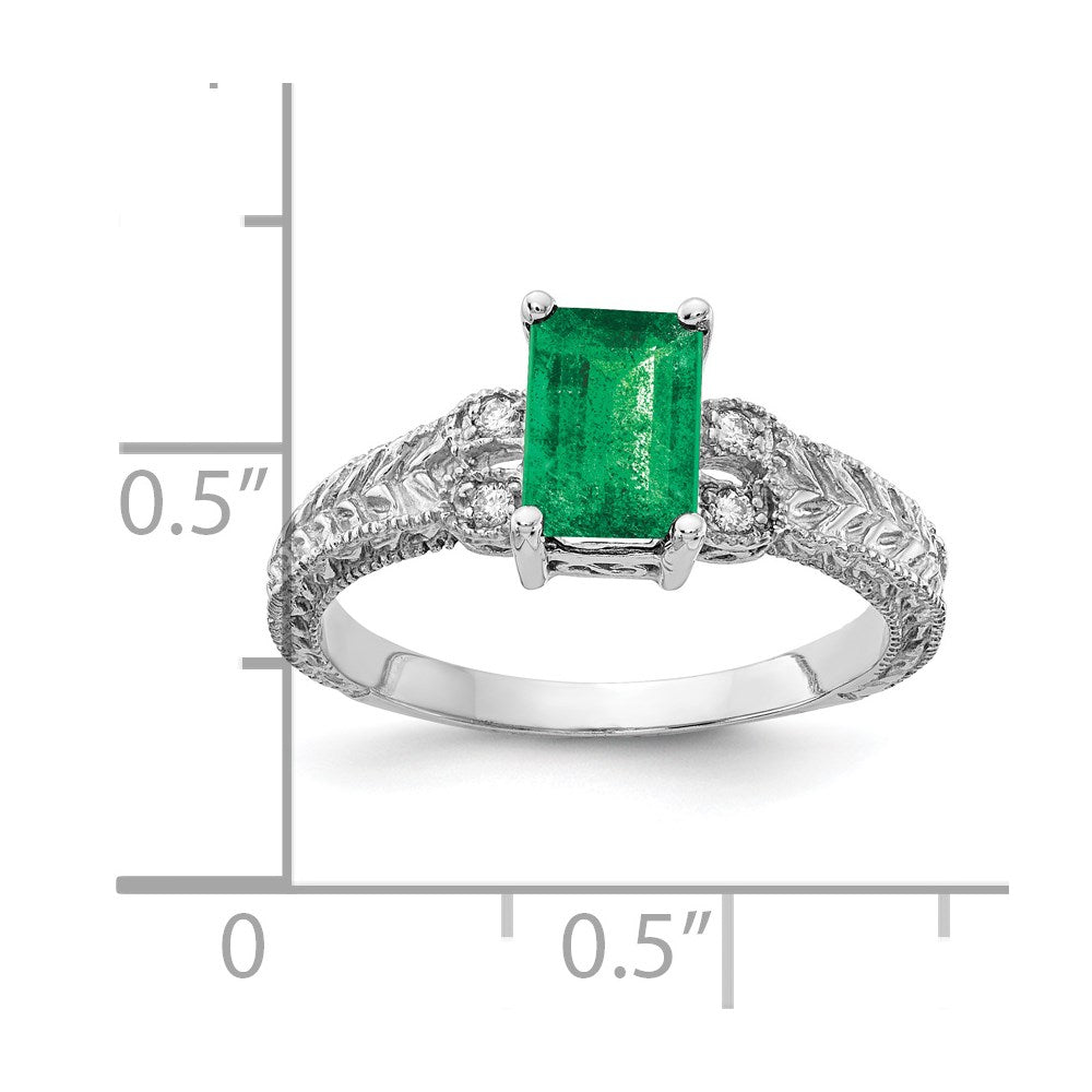 14k White Gold 7x5mm Emerald-cut Emerald and 1/20 carat AAA Diamond Ring