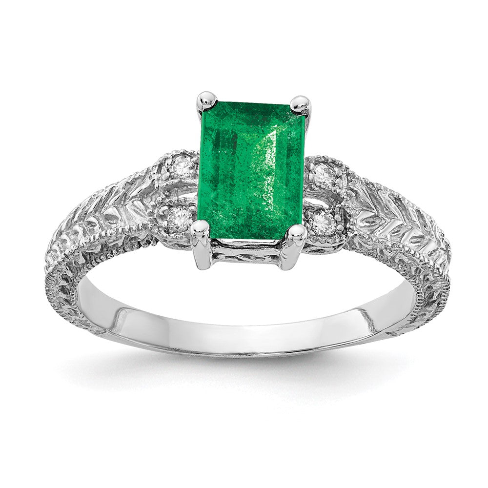 14k White Gold 7x5mm Emerald-cut Emerald and 1/20 carat VS Diamond Ring