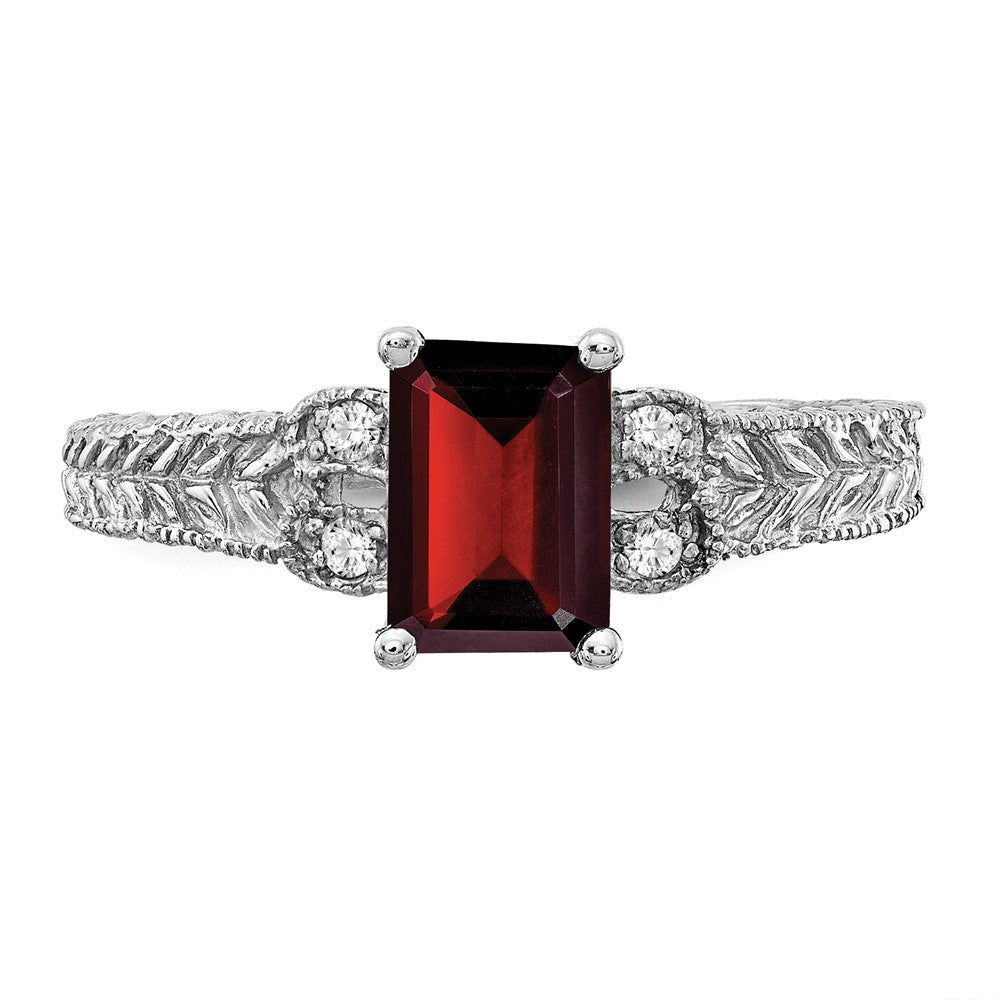 14k White Gold 7x5mm Emerald-cut Garnet and 1/20 carat VS Diamond Ring