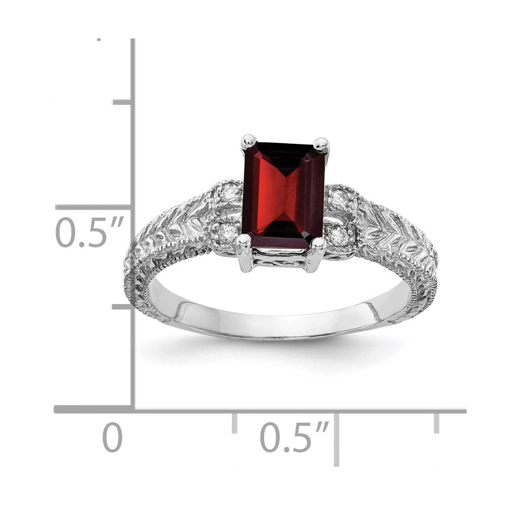14k White Gold 7x5mm Emerald-cut Garnet and 1/20 carat A Diamond Ring