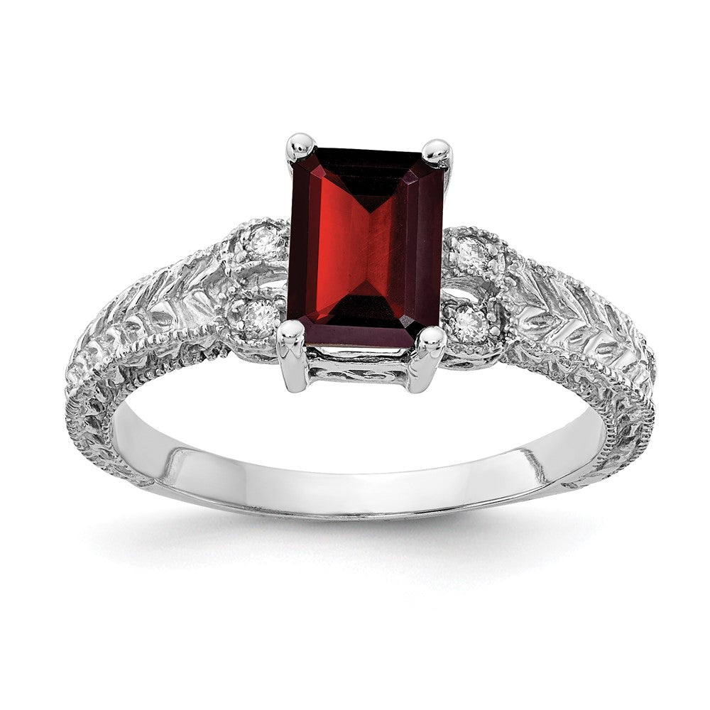 14k White Gold 7x5mm Emerald-cut Garnet and 1/20 carat VS Diamond Ring