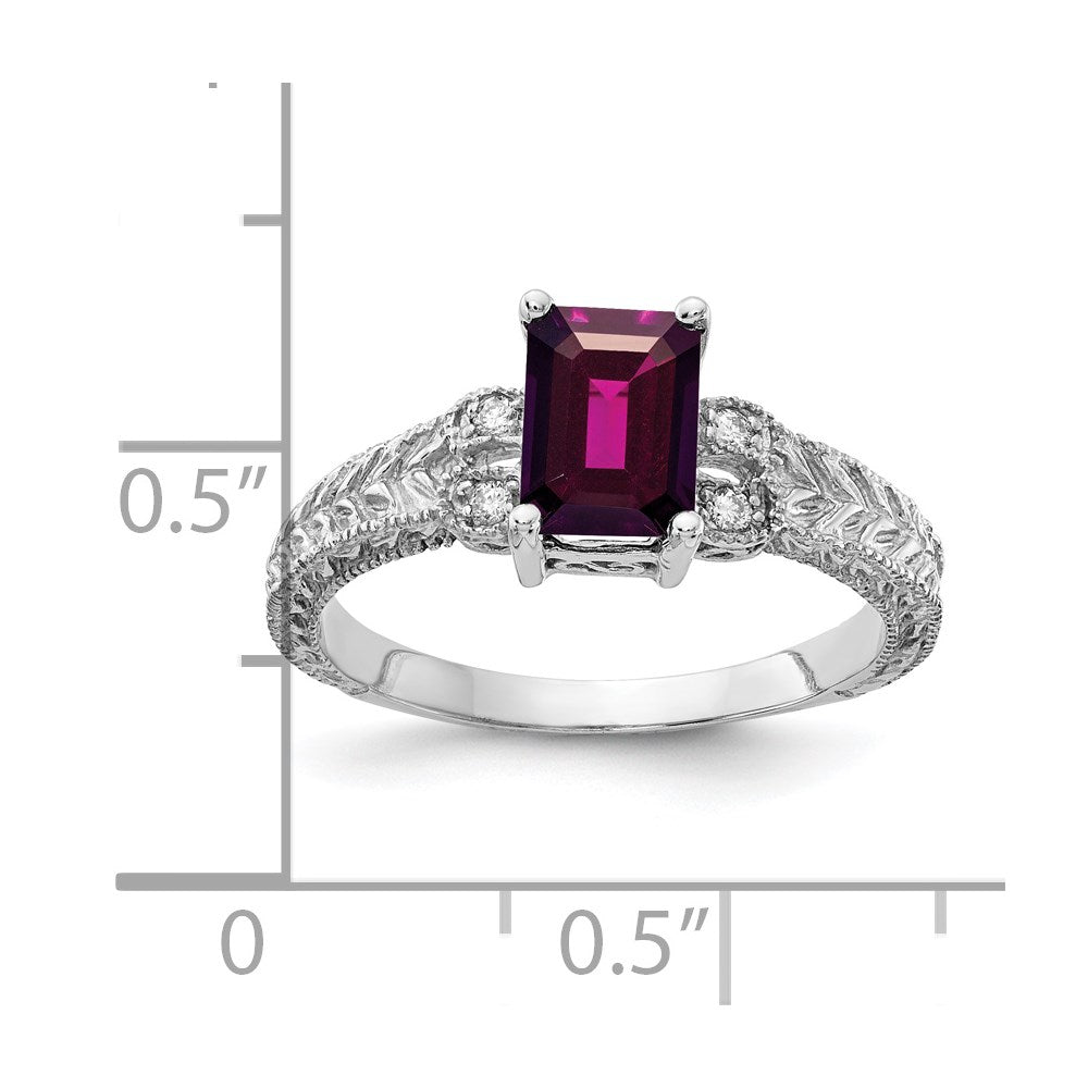 14k White Gold 7x5mm Emerald-cut Rhodolite Garnet and 1/20 carat AA Diamond Ring