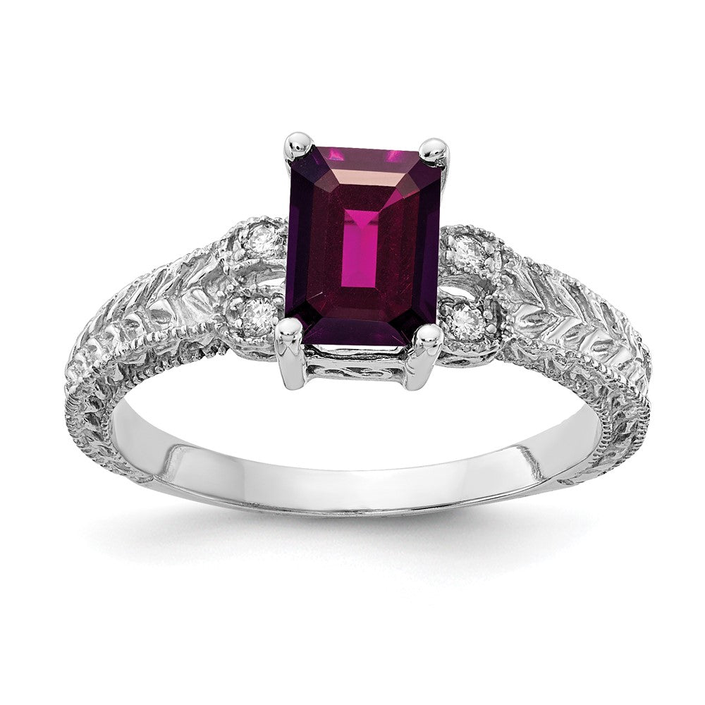 14k White Gold 7x5mm Emerald-cut Rhodolite Garnet and 1/20 carat AA Diamond Ring