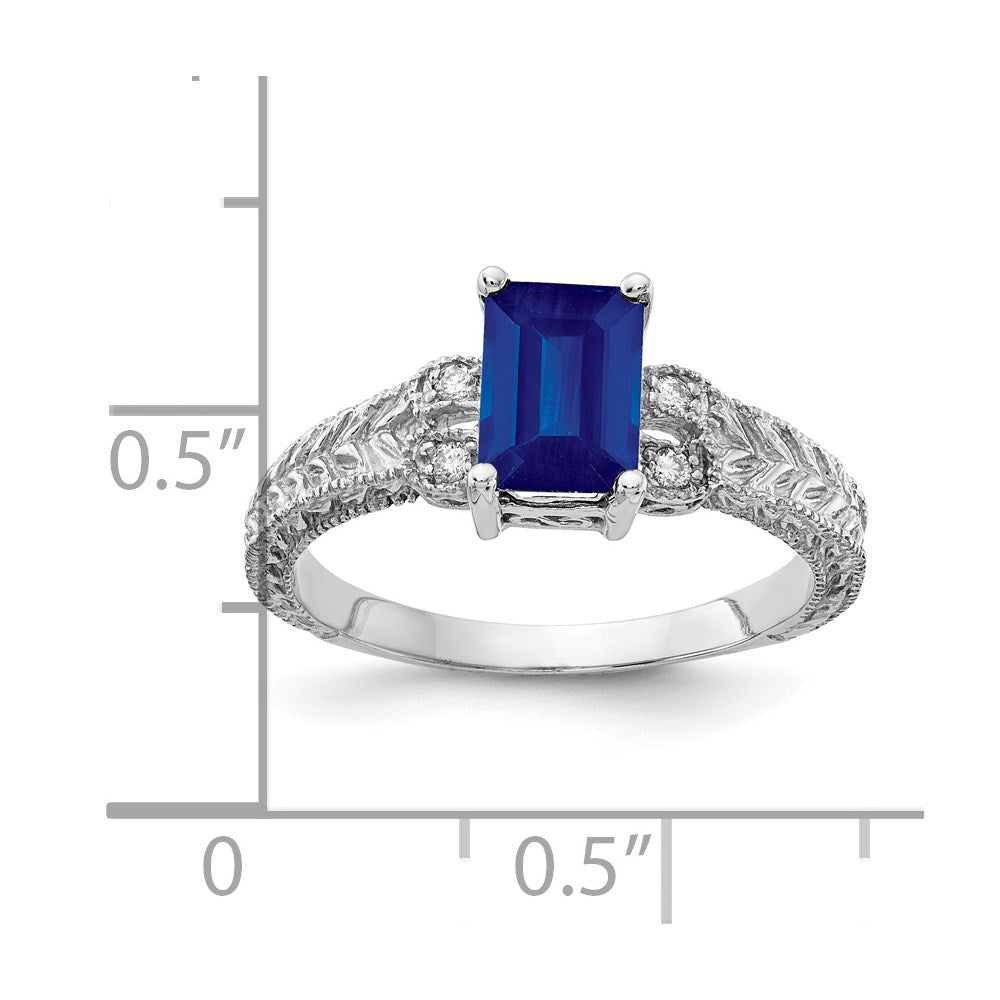 14k White Gold 7x5mm Emerald-cut Blue Sapphire and 1/20 carat AA Diamond Ring
