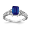 14k White Gold 7x5mm Emerald-cut Blue Sapphire and 1/20 carat AA Diamond Ring