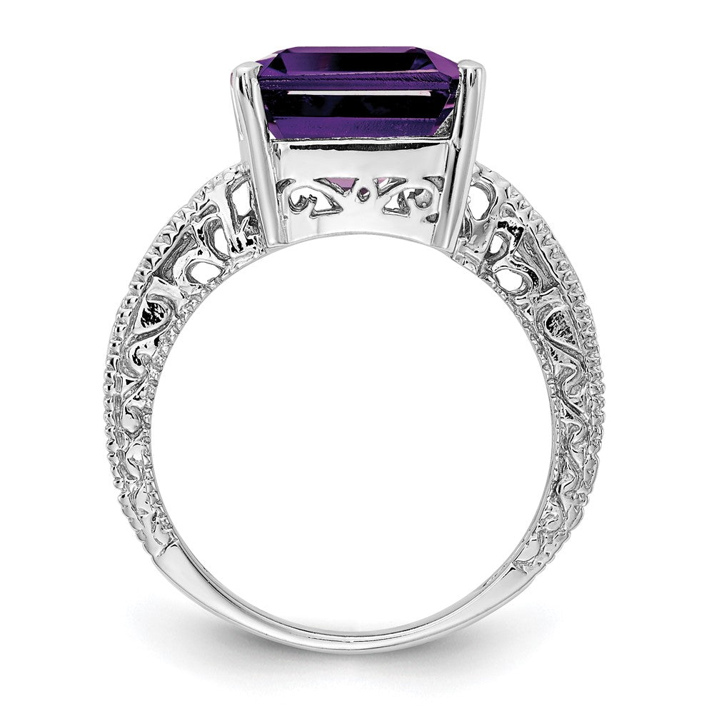 14k White Gold 12x10mm Emerald-cut Amethyst and 1/15 carat A Diamond Ring