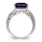 14k White Gold 12x10mm Emerald-cut Amethyst and 1/15 carat AA Diamond Ring