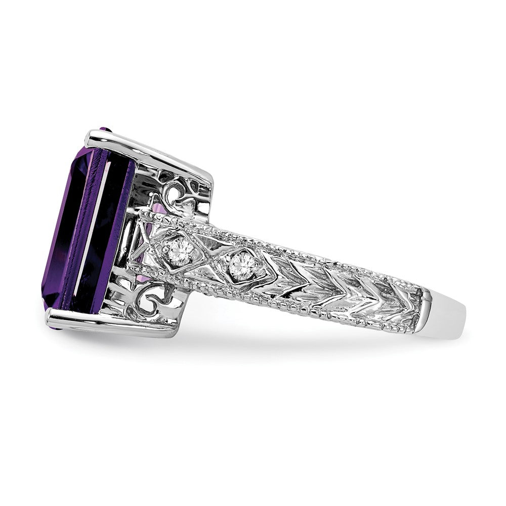 14k White Gold 12x10mm Emerald-cut Amethyst and 1/15 carat AAA Diamond Ring