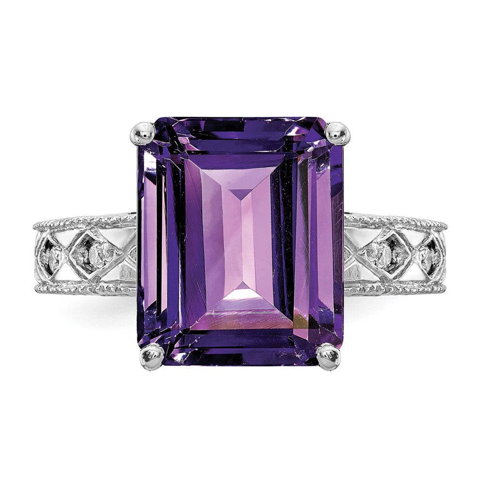 14k White Gold 12x10mm Emerald-cut Amethyst and 1/15 carat AAA Diamond Ring