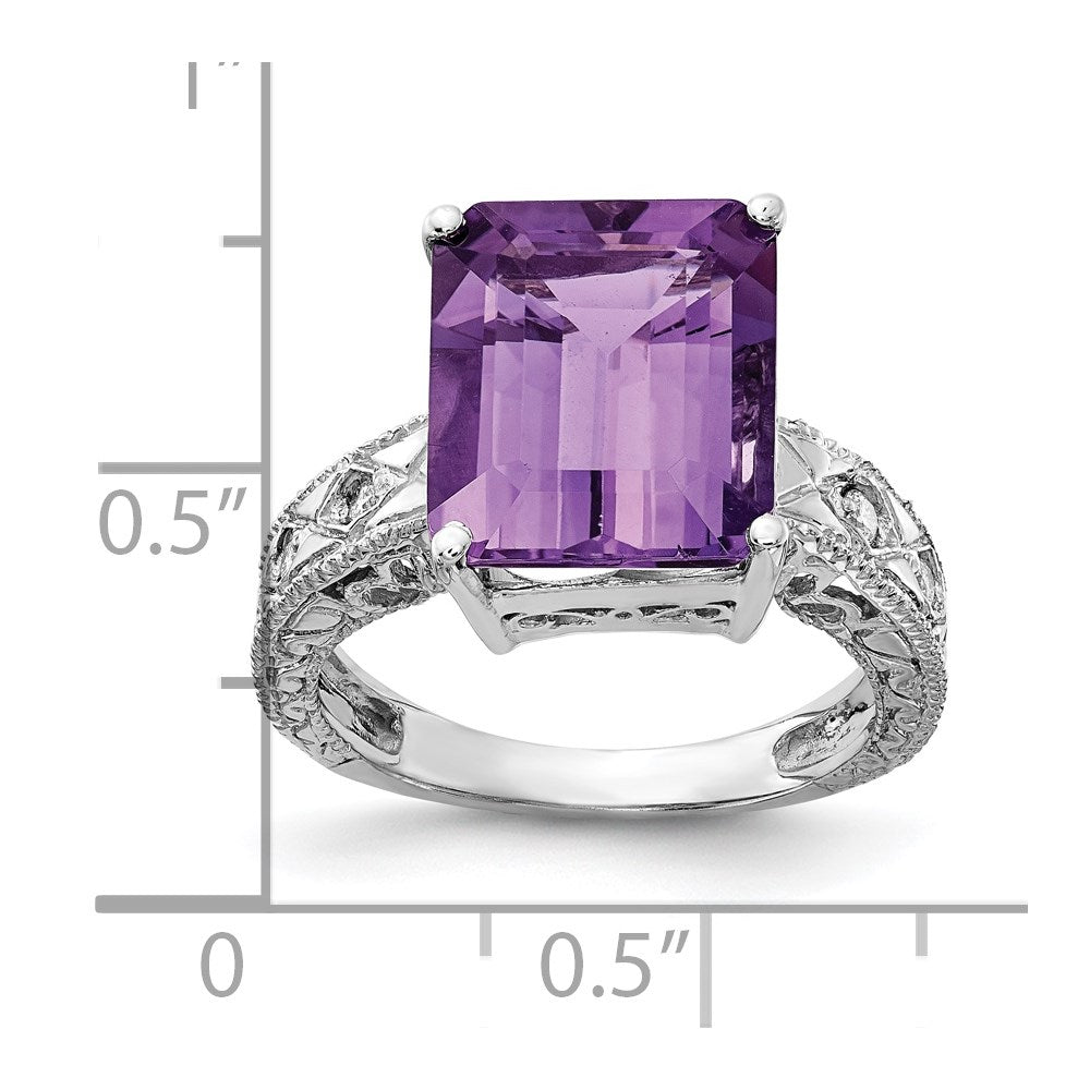14k White Gold 12x10mm Emerald-cut Amethyst and 1/15 carat VS Diamond Ring