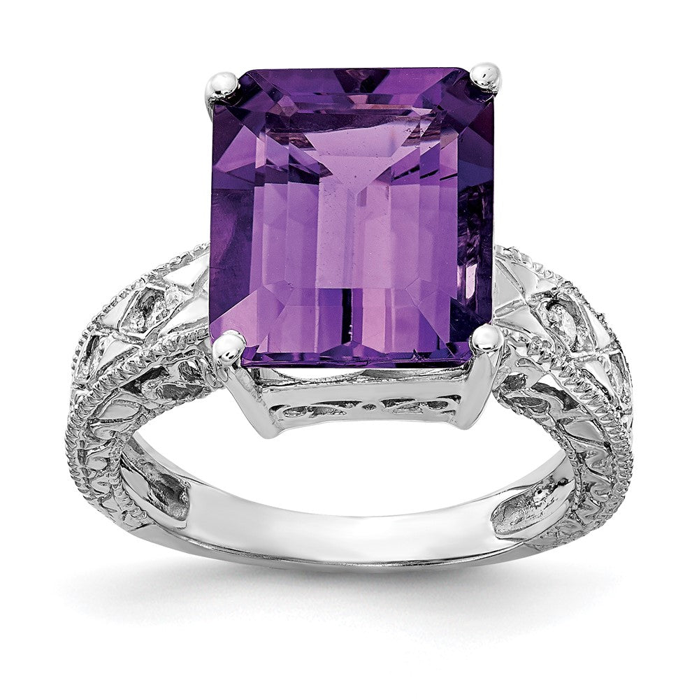 14k White Gold 12x10mm Emerald-cut Amethyst and 1/15 carat AAA Diamond Ring