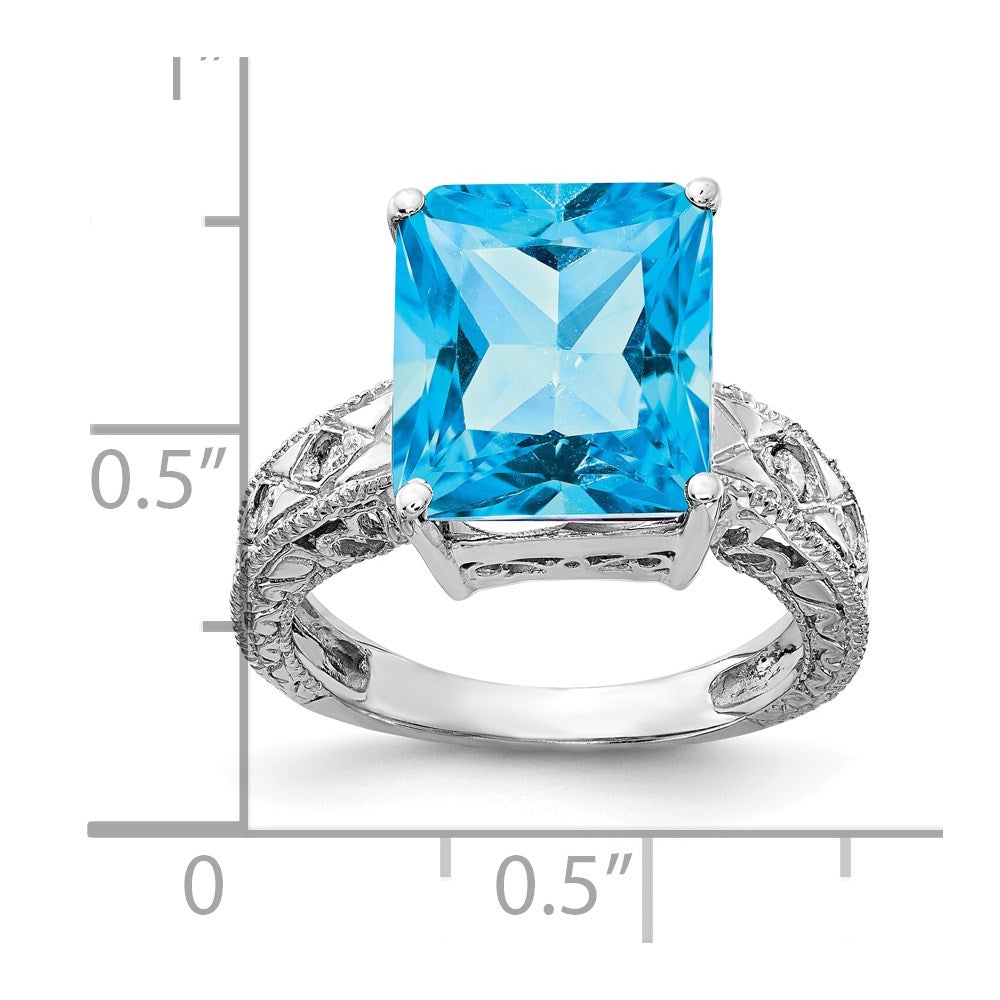 14k White Gold 12x10mm Emerald-cut Blue Topaz and 1/15 carat A Diamond Ring