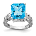 14k White Gold 12x10mm Emerald-cut Blue Topaz and 1/15 carat A Diamond Ring