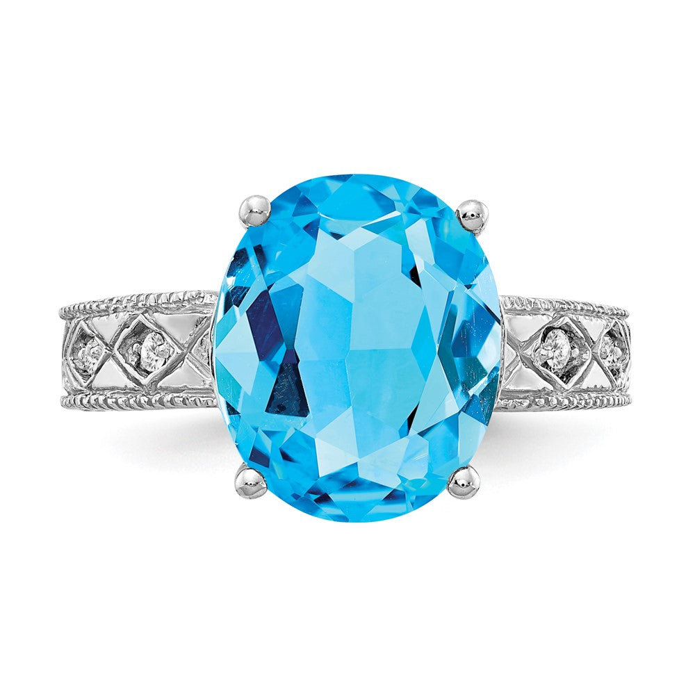14k White Gold 12x10mm Oval Blue Topaz and 1/20 carat AAA Diamond ring