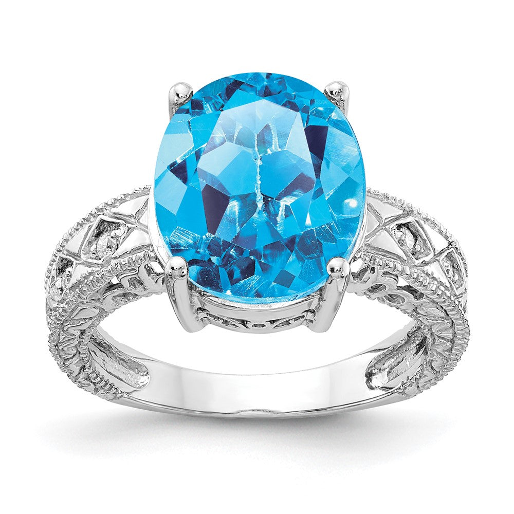 14k White Gold 12x10mm Oval Blue Topaz and 1/20 carat VS Diamond ring