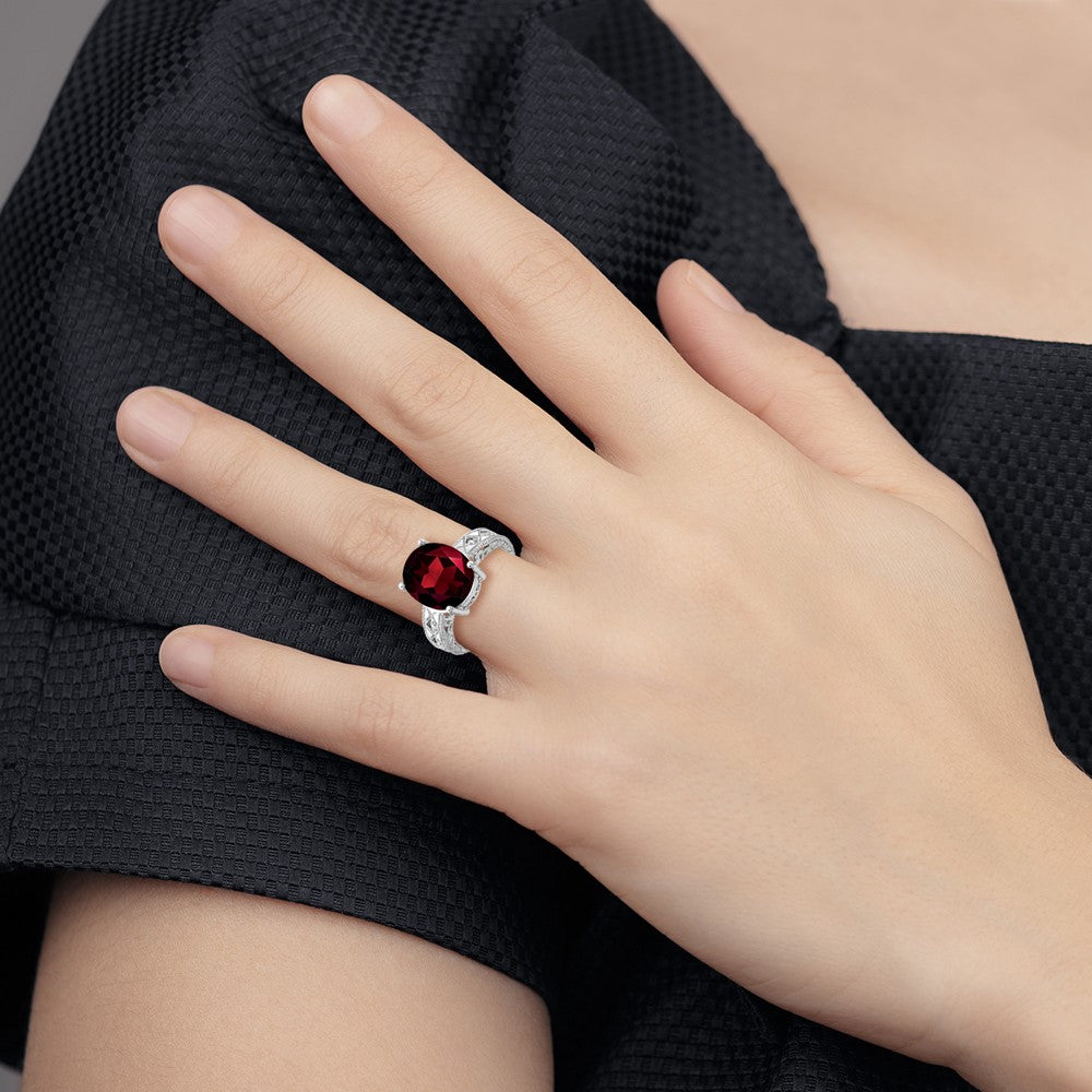 14k White Gold 12x10mm Oval Garnet and 1/20 carat AA Diamond ring
