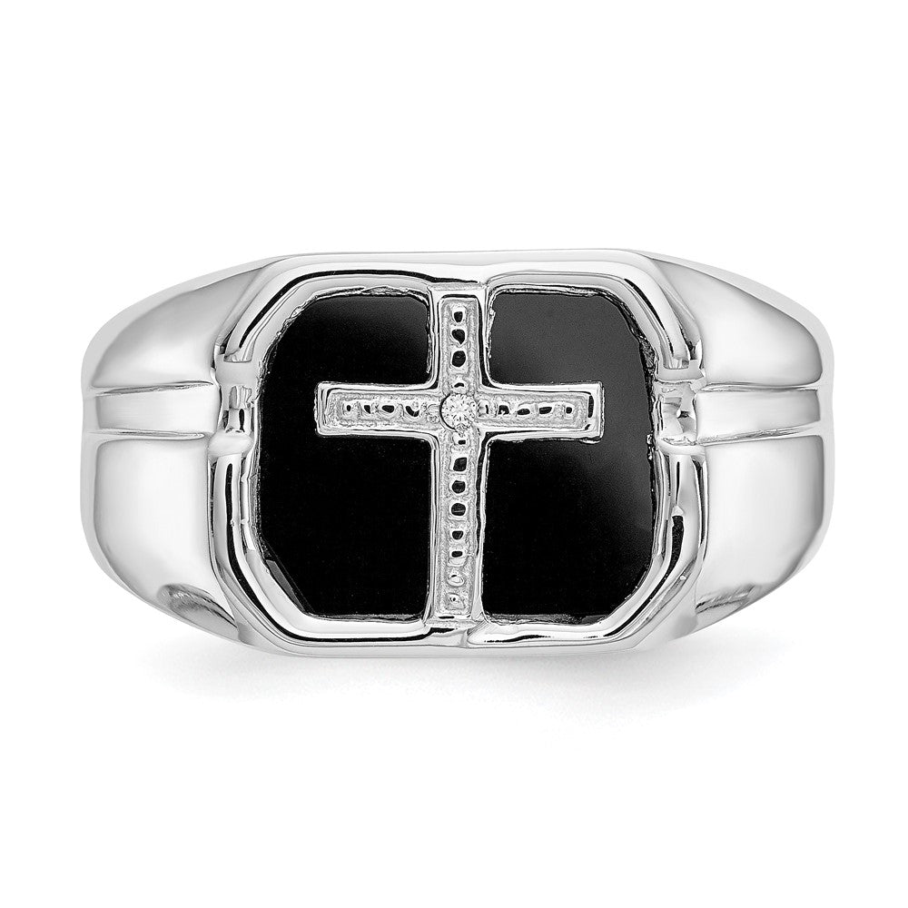 IB Goodman 14k White Gold Octagon Onyx and A Diamond Mens Cross Ring