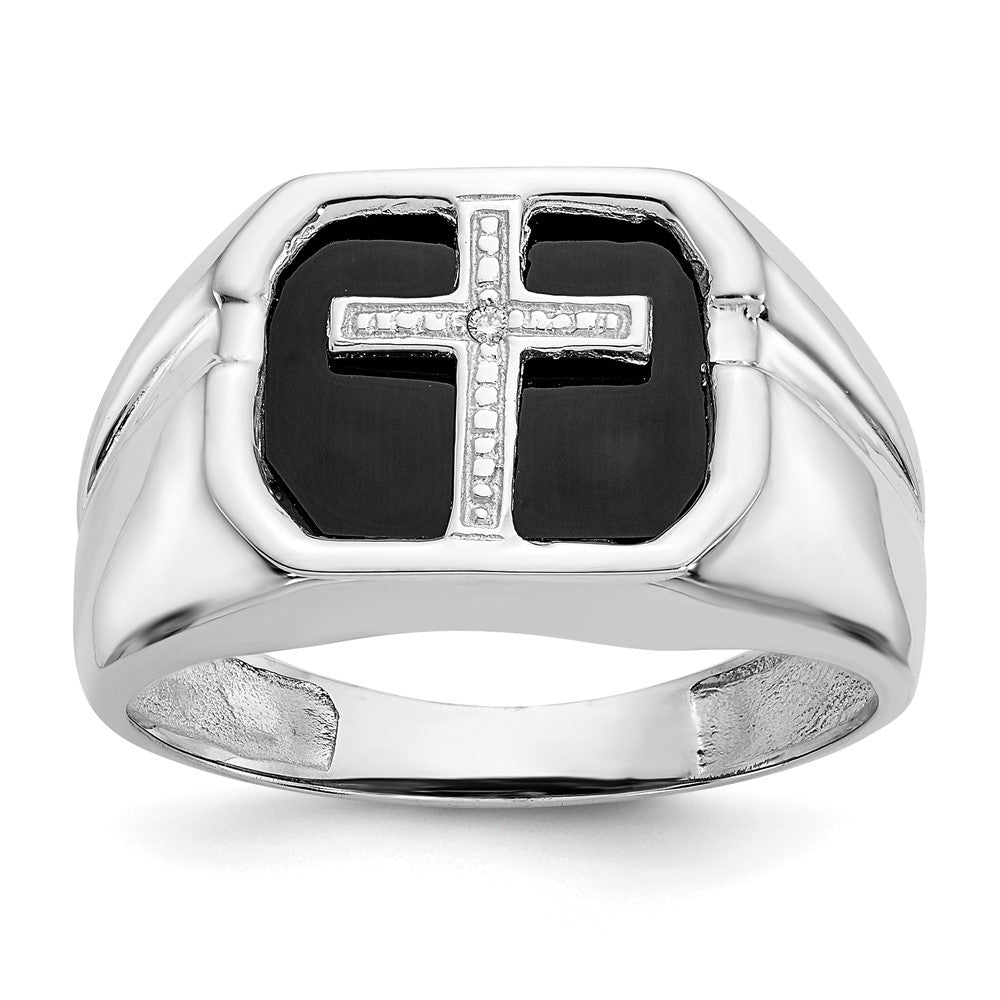 IB Goodman 14k White Gold Octagon Onyx and AAA Diamond Mens Cross Ring