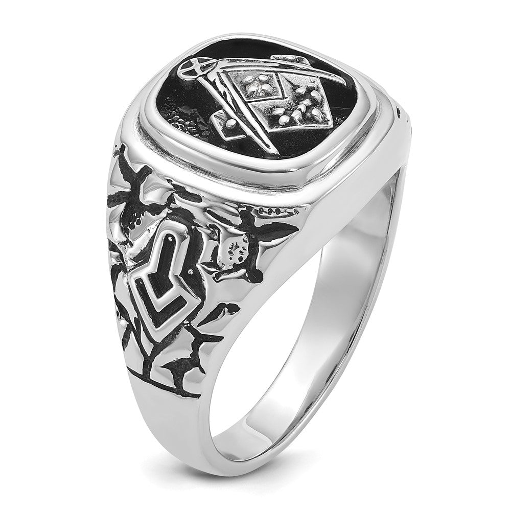 IB Goodman 14k White Gold Mens Polished/Antiqued Nugget Texture with Black Enamel and AAA Quality Diamonds Masonic Ring